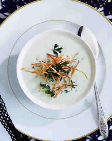 leekcreamsoupshoestringpotatoesfriedherbs